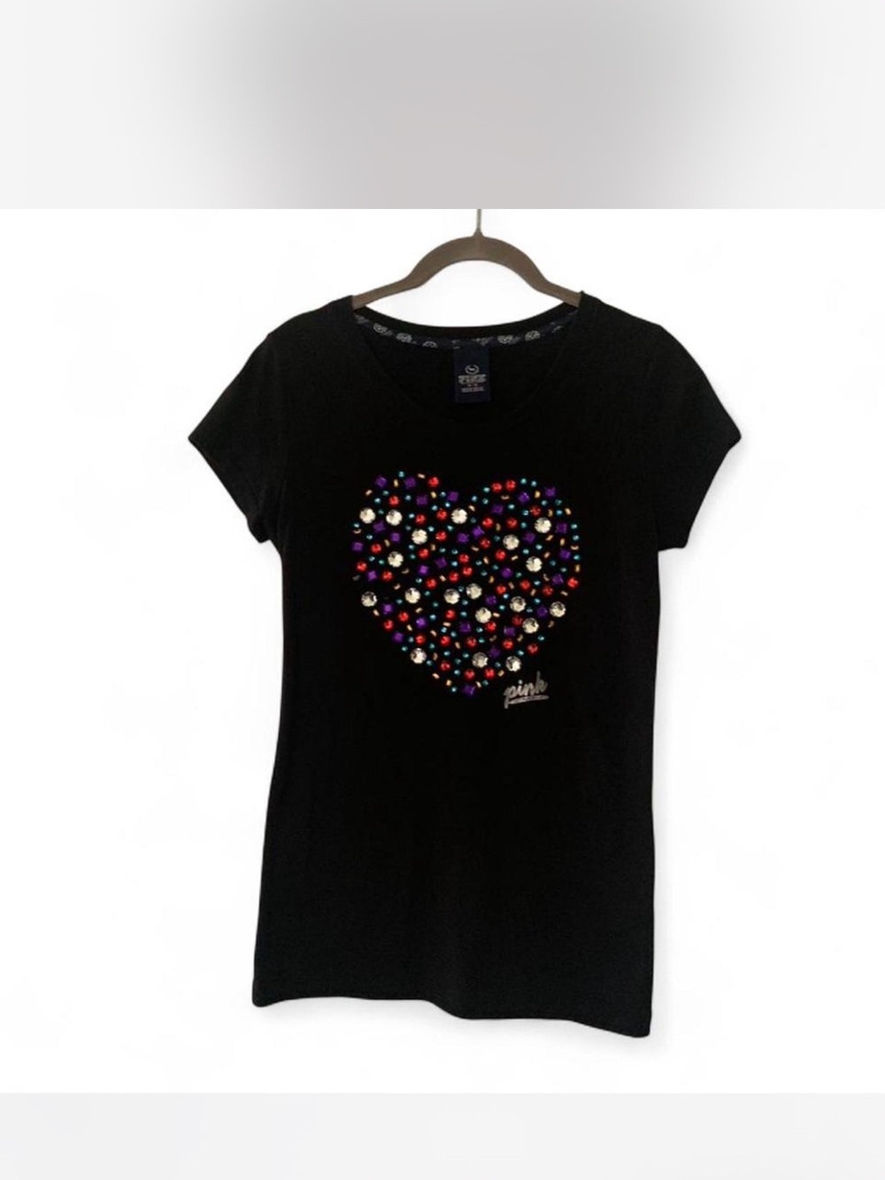 Bling Victoria's Secret Black Tee with Multicolor Sequin Heart size m